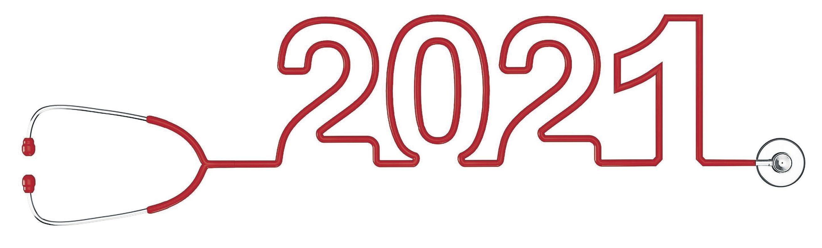 Red Stethoscope Tubing Forming New 2021 Year Sign On A White Background.
